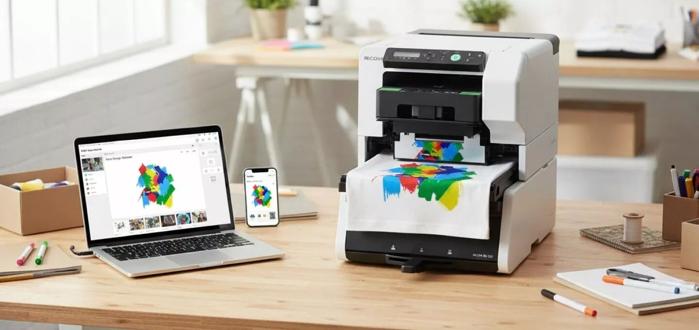 RICOH Ri 100 auf einem Schreibtisch mit Laptop und bedruckten Textilien