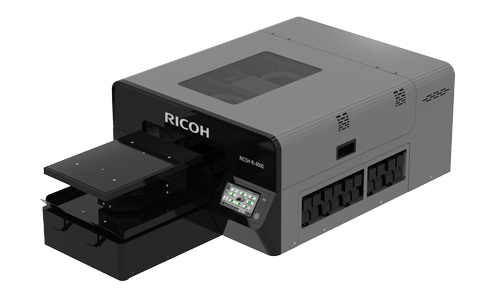 RICOH Ri 4000 with large print platen, touchscreen, and side ink unit – industrial DTG printer for professional textile finishing with white ink option