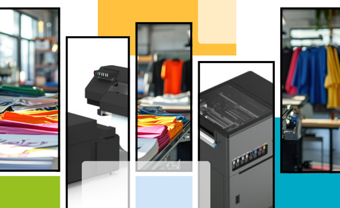 Collage of textile printers, colorful T-shirts, and a production environment – impression from the RICOH Textile Competence Center.